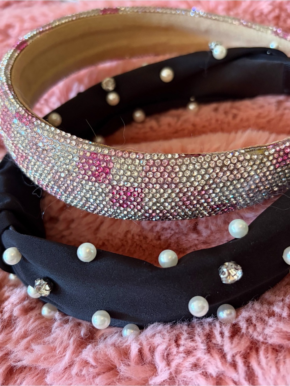 Sparkling Pink Crystal & Black Pearl Kids Headband Duo